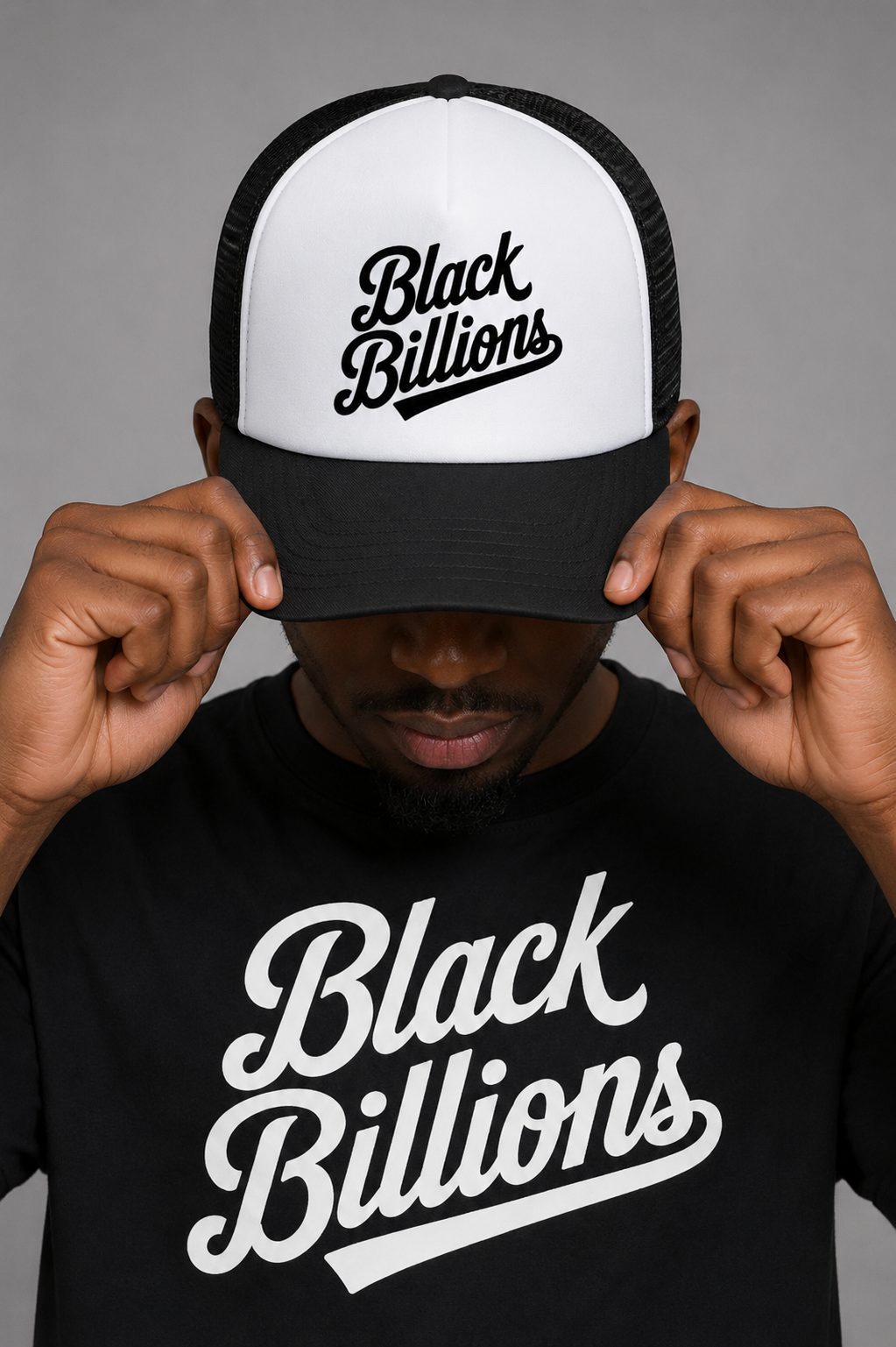 Black Billions Jumbo Script Trucker Hat